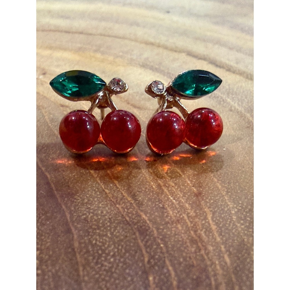 Red Cherry Stud Earrings Gold Tone Green Rhinestone Leaf Fruit Jewelry Retro NEW